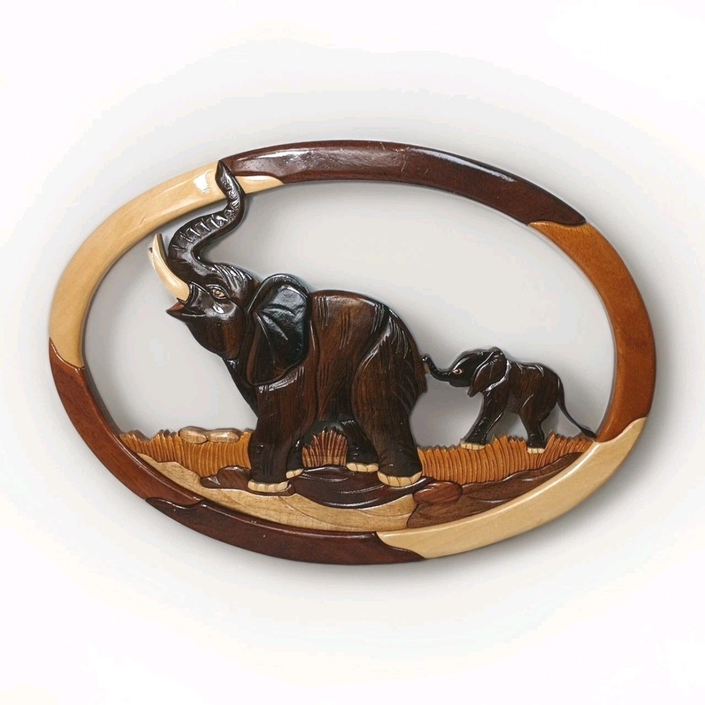 Hand Crafted Multi Wood 3D Intarsia Oval Wall Art Plaque Elephant And Calf 17x12